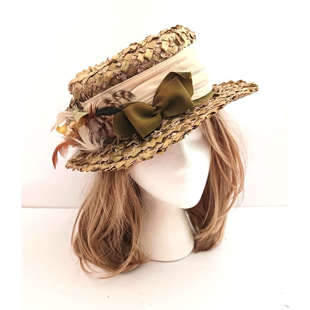 VTG Rafield Woven Straw Boater Hat Lt Green Flower Feather Trim Sz S